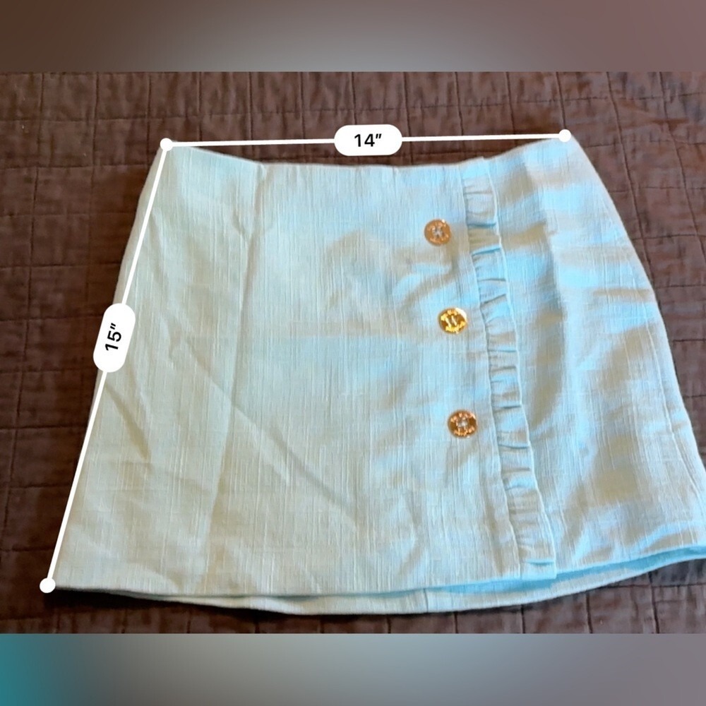 Lilly Pulitzer Blue Linen Blend Ruffle Faux Wrap‎ Mini Skirt Gold Buttons Size 2 - Picture 3 of 6